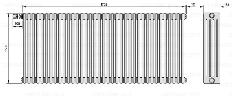 Схема (чертеж) Радиатор Zehnder Charleston 5150/37 №V011 Белый глянцевый RAL 9016